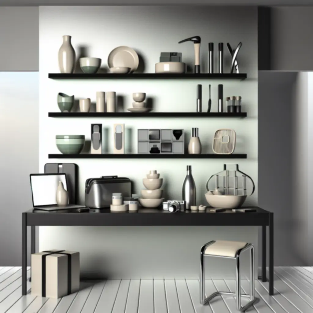 Półka z nowoczesnymi akcesoriami domowymi prezentującymi nowości tygodnia
