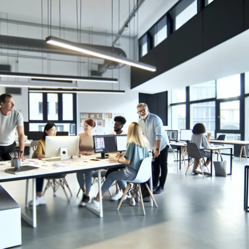 Zespół Urbanexivo pracujący w nowoczesnej, minimalistycznej przestrzeni biurowej